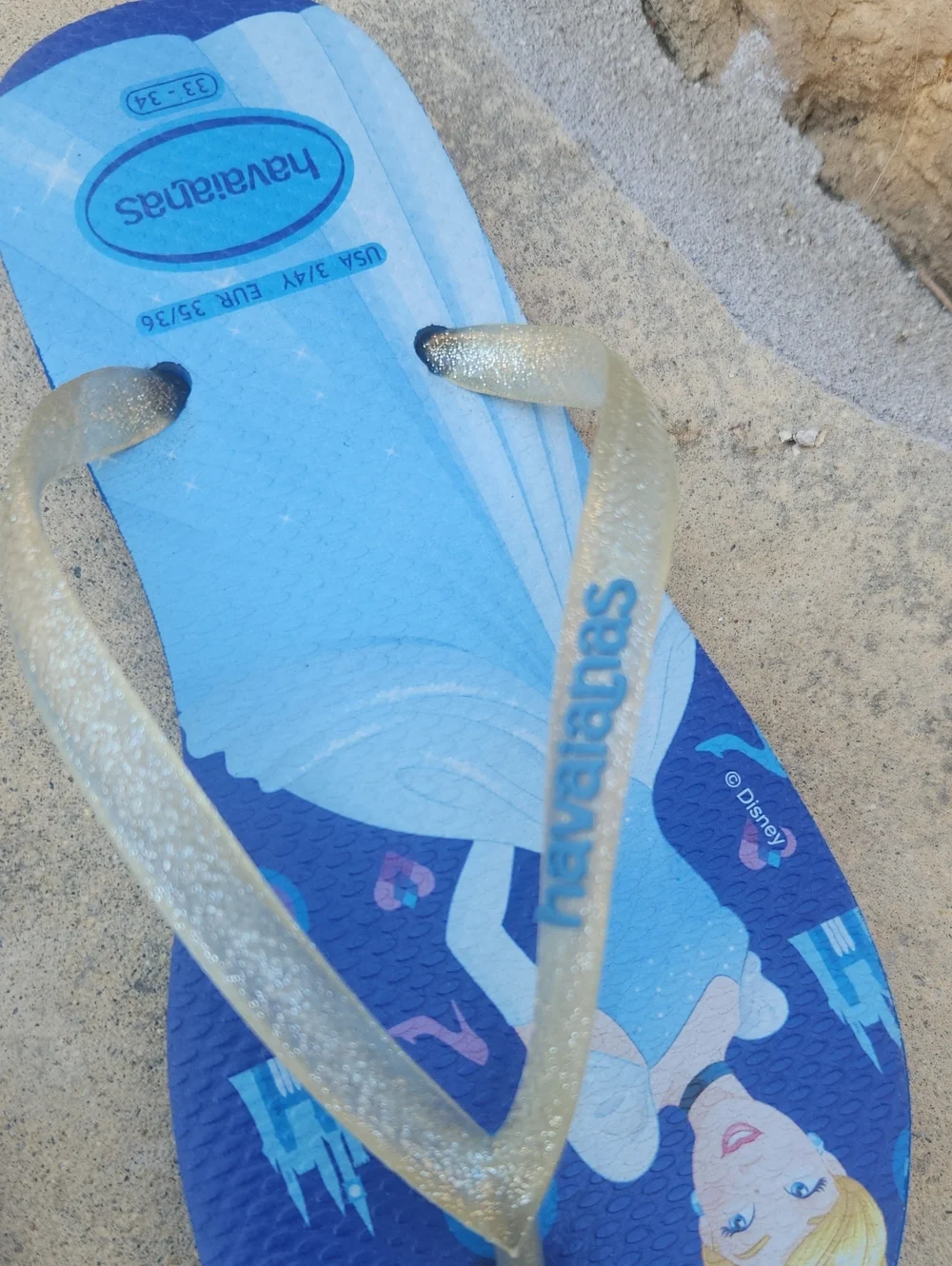 Havaianas Disney Cinderella Flip Flops Blue Glitter Straps Size 3/4 Kids Girls